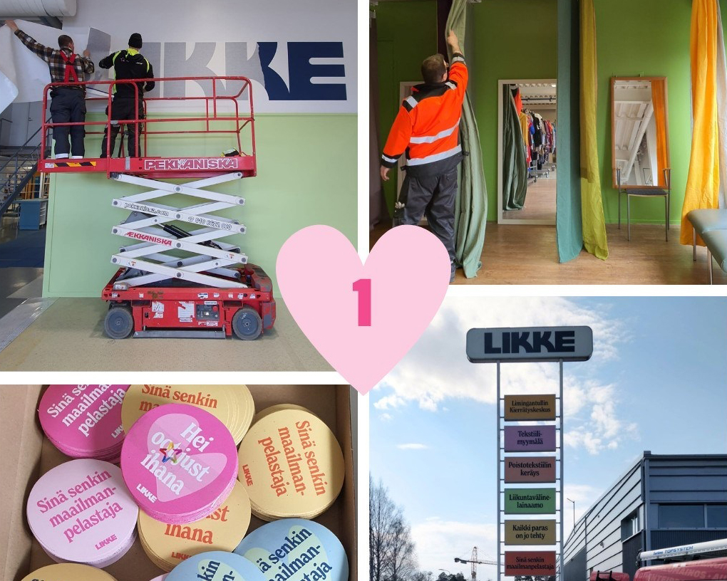 Kuvakollaasi Liken syntymäpäivistä. Myymälän sisustamista, värikkäitä Likke-tarroja sekä ulkomainostorni.