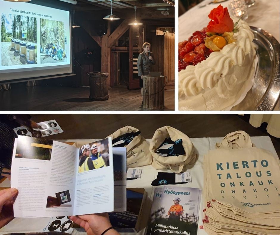 Kuvakooste juhlaseminaarista. Kuvissa on seminaarin pääpuhuja Hannele Pokka, vieraille jaettuja Kiertokaari-tuotteita sekä koristeltu täytekakku.